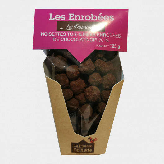 Noisettes torréfiées enrobées de chocolat noir 70 % "Les Puissantes" - 125 g